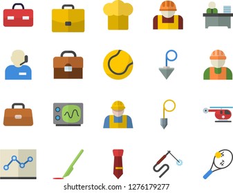 Color flat icon set builder flat vector, construction plummet, cook hat, worker, welding, case, briefcase, helicopter, scalpel, phone operator, office, point diagram, tie, oscilloscope, tennis ball