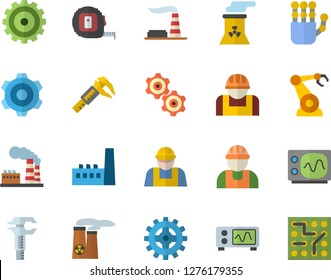 Color flat icon set builder flat vector, cogwheel, tape measure, trammel, factory, manufactory, construction worker, robotics, robot hand, nuclear power plant, oscilloscope, electronic circuit