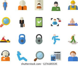 Color flat icon set builder flat vector, calculator, person, telephone operator, massage, recruitment, businessman, weight, gymnastics, swing press, size, indentity card fector, hike, check in, user