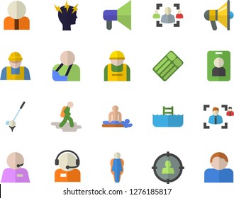 Color flat icon set builder flat vector, construction worker, person, target audience, telephone operator, massage, injury, headache, recruitment, phone, size, hike fector, pool, pass, golf, user