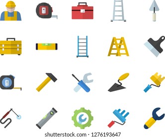 Color flat icon set builder flat vector, trowel, tool, tape measure, bag, ladder, paint roller, level meter, repair, putty knife, hammer, welding, wrench