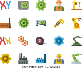 Color flat icon set builder flat vector, cogwheel, tape measure, trammel, manufactory, plant, crane, robotics, chromosomes, oscilloscope, industrial robot