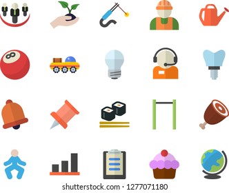 Color flat icon set builder flat vector, energy saving lamp, cake, ham, fish rolls, seedlings, watering can, welding, telephone operator, implant, clipboard, pushpin, lunar rover, chart, gymnastics