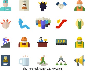 Color flat icon set builder flat vector, conveyor, construction worker, team, physician, headache, coffee, badge, hierarchy, agreement, career ladder, brainstorm, swing press, lose weight, escalator