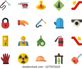 Color flat icon set builder flat vector, door lock, hard hat, potholder, gloves, radiation, laser, welding, helicopter, escalator fector, control gate, pets allowed, surveillance camera, key