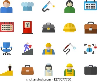 Color flat icon set builder flat vector, hard hat, cook, construction worker, welding, calendar, briefcase, nurse, recruitment, office chair, career ladder, doctor's fector, user, case
