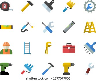 Color flat icon set builder flat vector, tool, drill screwdriver, tape measure, bag, ladder, paint roller, level meter, repair, putty knife, hammer, welding, wrench