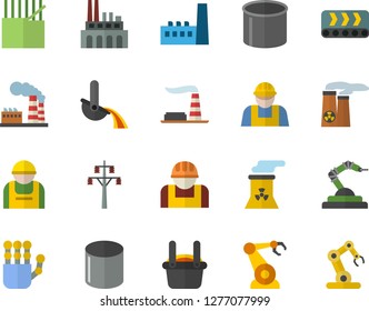 Color flat icon set builder flat vector, factory, power line support, manufactory, plant, conveyor, construction worker, fabric manufacture, pipe production, robotics, metallurgy, robot hand