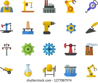 Color flat icon set builder flat vector, concrete mixer, trowel, wheelbarrow, drill screwdriver, spring balance, oil production platform, pumping, chemistry, power line support, plant, cogwheel