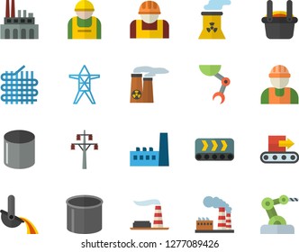Color flat icon set builder flat vector, factory, power line support, manufactory, plant, conveyor, construction worker, fabric manufacture, pipe production, metallurgy, robot hand, nuclear