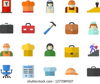 Color flat icon set builder flat vector, hard hat, hammer, cook, construction worker, case, briefcase, nurse, office chair, contract, career ladder, doctor's fector, user