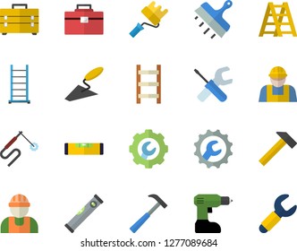 Color flat icon set builder flat vector, trowel, tool, drill screwdriver, bag, ladder, paint roller, level meter, repair, putty knife, hammer, welding, wrench