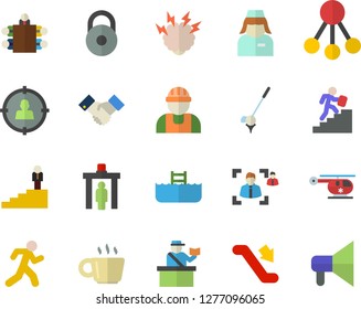 Color flat icon set builder flat vector, hierarchy, target audience, helicopter, nurse, coffee, recruitment, meeting, agreement, career ladder, brainstorm, weight, run, escalator fector, passport