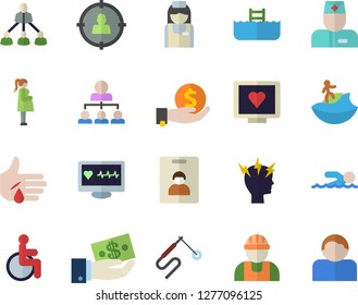 Color flat icon set builder flat vector, welding, target audience, investments, computer diagnostics of health, disabled, physician, injury, headache, gestation, nurse, hierarchy, swimming, surfing