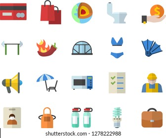 Color flat icon set builder flat vector, toilet, apron, microwave, hot peppers, greenhouse, energy saving lamp, credit card, investments, bags, ampoule, to do list, core of the earth fector, barbell