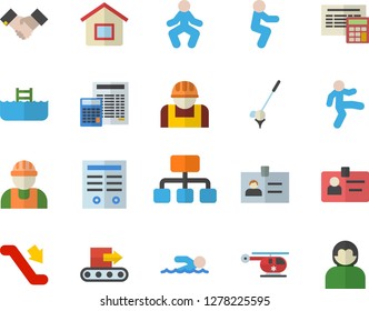 Color flat icon set builder flat vector, calculator, conveyor, construction worker, hierarchy, helicopter, badge, agreement, contract, swimming, gymnastics, squats, escalator fector, pool, golf