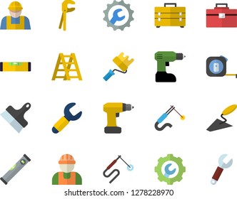 Color flat icon set builder flat vector, trowel, tool, drill screwdriver, tape measure, bag, ladder, paint roller, level meter, repair, putty knife, welding, wrench