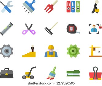 Color flat icon set builder flat vector, tool, tape measure, level meter, putty knife, scissors, pitchfork, paint brush, rake, lawn mower, cogwheel, crane, briefcase, recruitment, folder, stapler