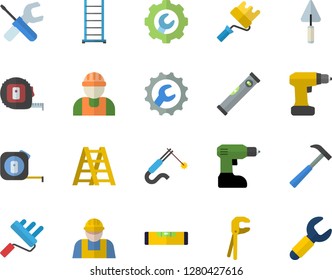 Color flat icon set builder flat vector, trowel, tool, drill screwdriver, tape measure, ladder, paint roller, level meter, repair, hammer, welding, wrench