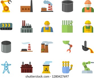 Color flat icon set builder flat vector, factory, power line support, manufactory, plant, conveyor, construction worker, fabric manufacture, pipe production, robotics, metallurgy, robot hand