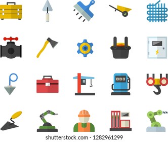 Color flat icon set builder flat vector, hook, trowel, wheelbarrow, tool bag, switch box, putty knife, construction plummet, ax, main pipeline, gas station, refueling, fabric manufacture, crane