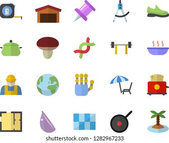 Color flat icon set builder flat vector, tape measure, house layout, tile, saucepan, teflon, toaster, soup, garlic, mushroom, dividers, warehouse, DNA, drawing pin, robot hand, barbell, sneakers