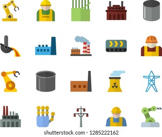 Color flat icon set builder flat vector, factory, power line support, manufactory, plant, conveyor, construction worker, fabric manufacture, pipe production, robotics, metallurgy, robot hand