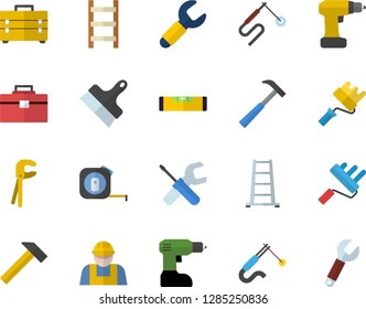 Color flat icon set builder flat vector, tool, drill screwdriver, tape measure, bag, paint roller, level meter, putty knife, hammer, ladder, welding, wrench