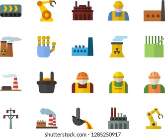 Color flat icon set builder flat vector, factory, power line support, manufactory, plant, conveyor, construction worker, fabric manufacture, robotics, metallurgy, robot hand, nuclear, industrial