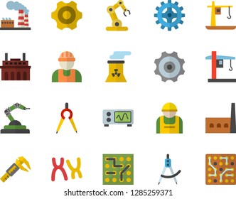 Color flat icon set builder flat vector, cogwheel, trammel, factory, manufactory, plant, construction worker, crane, robotics, dividers, chromosomes, nuclear power, oscilloscope, industrial robot