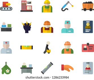 Color flat icon set builder flat vector, level meter, potholder, gas station, conveyor, construction worker, welding, mining, physician, headache, badge, office, businessman