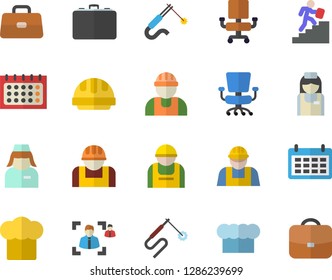 Color flat icon set builder flat vector, hard hat, cook, construction worker, welding, case, calendar, briefcase, nurse, recruitment, office chair, career ladder