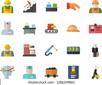 Color flat icon set builder flat vector, hard hat, potholder, gas station, conveyor, construction worker, welding, mining, physician, headache, badge, office, businessman