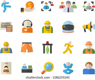 Color flat icon set builder flat vector, calculator, construction worker, investments, team, telephone operator, recruitment, office, astronaut helmet fector, athletic shorts, yoga, gymnastics, run