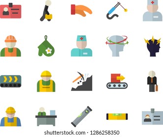 Color flat icon set builder flat vector, level meter, potholder, conveyor, construction worker, welding, mining, physician, headache, badge, office, businessman