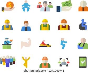 Color flat icon set builder flat vector, construction worker, person, investments, team, disabled, massage, injury, recruitment, muscles, gymnastics, squats, passport control fector, check in