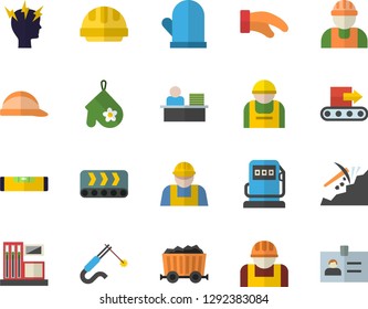 Color flat icon set builder flat vector, level meter, hard hat, potholder, gas station, refueling, conveyor, construction worker, welding, mining, headache, office, badge