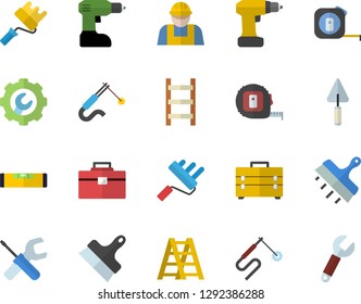 Color flat icon set builder flat vector, trowel, tool, drill screwdriver, tape measure, bag, ladder, paint roller, level meter, repair, putty knife, welding, wrench