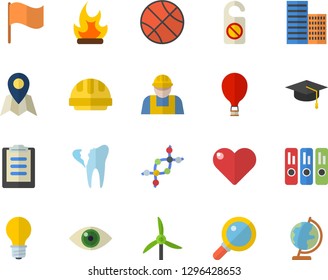 Color flat icon set builder flat vector, skyscraper, hard hat, bonfire, windmill, lamp, flag, broken tooth, clipboard, folder, bachelor cap, dna, basketball, balloon fector, location, do not disturb