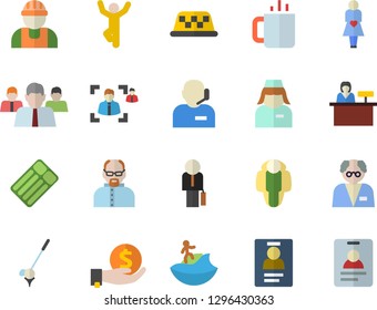 Color flat icon set builder flat vector, tea, investments, team, gestation, nurse, recruitment, badge, phone operator, businessman, scientist, gymnastics, lose weight, surfing fector, reception desk