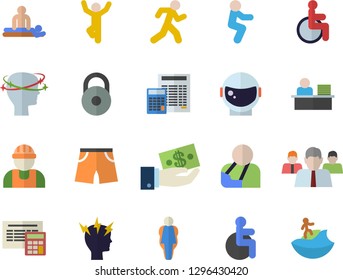 Color flat icon set builder flat vector, calculator, investments, team, disabled, massage, injury, headache, office worker, astronaut helmet fector, weight, athletic shorts, squats, gymnastics, run