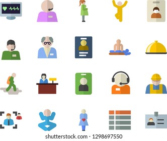 Color flat icon set builder flat vector, dish, telephone operator, computer diagnostics of health, massage, gestation, recruitment, badge, phone, scientist, yoga, gymnastics, indentity card fector