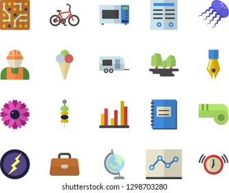 Color flat icon set builder flat vector, microwave, ice cream, canape, flower, forest, briefcase, notebook, statistic, ink pen, point diagram, contract, globe, lightning, electronic circuit, whistle