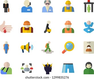 Color flat icon set builder flat vector, construction worker, injury, headache, recruitment, phone operator, businessman, scientist, athletic shorts, yoga, size, indentity card fector, hike, user