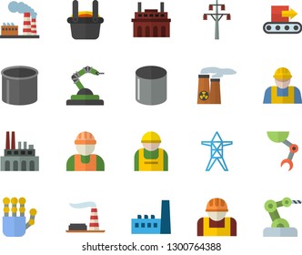 Color flat icon set builder flat vector, factory, power line support, manufactory, plant, conveyor, construction worker, pipe production, robotics, metallurgy, robot hand, nuclear, industrial