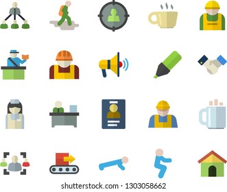 Color flat icon set builder flat vector, conveyor, construction worker, target audience, marker, nurse, coffee, recruitment, badge, office, hierarchy, agreement, squats, push up, hike fector, house
