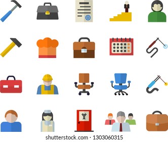 Color flat icon set builder flat vector, hammer, cook hat, welding, team, calendar, briefcase, nurse, office chair, contract, career ladder, user