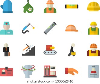 Color flat icon set builder flat vector, level meter, hard hat, potholder, gas station, conveyor, construction worker, welding, mining, physician, headache, badge, businessman