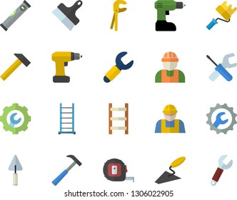 Color flat icon set builder flat vector, trowel, tool, drill screwdriver, tape measure, ladder, paint roller, level meter, repair, putty knife, hammer, wrench