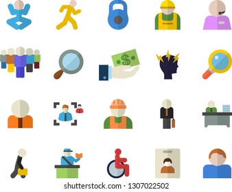 Color flat icon set builder flat vector, construction worker, person, investments, team, disabled, headache, recruitment, phone operator, office, businessman, weight, yoga, run, passport control
